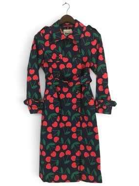 Boden Cheltenham Trenchcoat, French Navy Cherry Scatter, Size 2 Petite Excellent